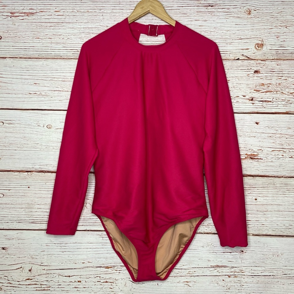 New J Crew Active Ribbed Long Sleeve One Piece Swim Suit in Wild Hibiscus Sz 20 - Picture 7 of 16